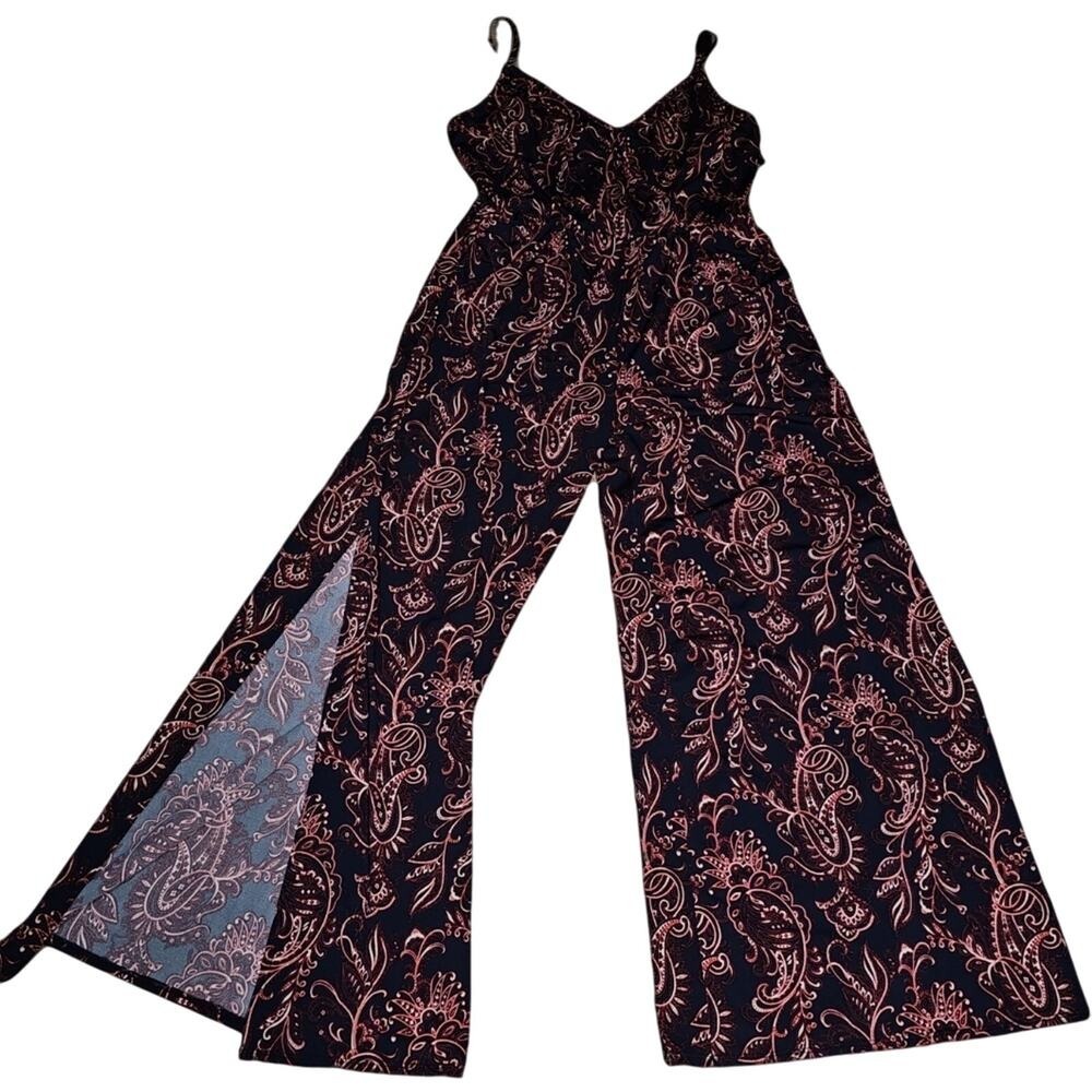 marianne Stretchy Paisley Bandana Print Jumpsuit Spaghetti Strap - Navy and Pink
